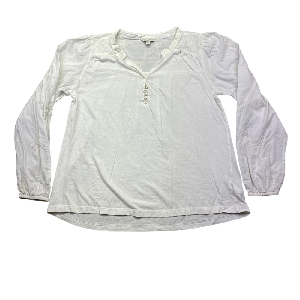 Lucky Brand White Embroidered Long Sleeve V Neck Button Up Casual Top‎ M